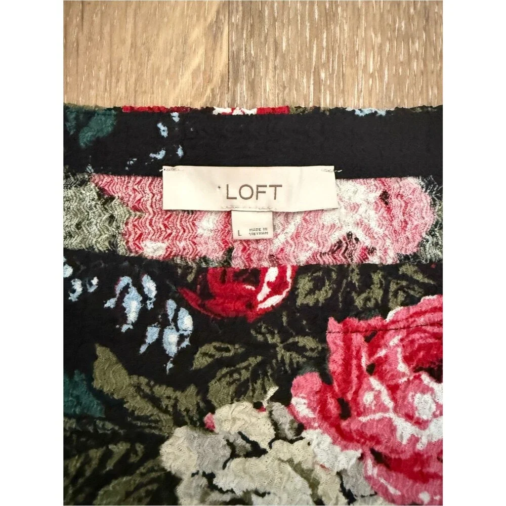 LOFT Floral Puff Sleeve Crop Blouse Black Cottagecore Top Size Large